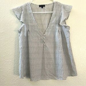 Timing Women's Top Sz Small V Neck Ruffle Sleeveless White and Black Polka Dots